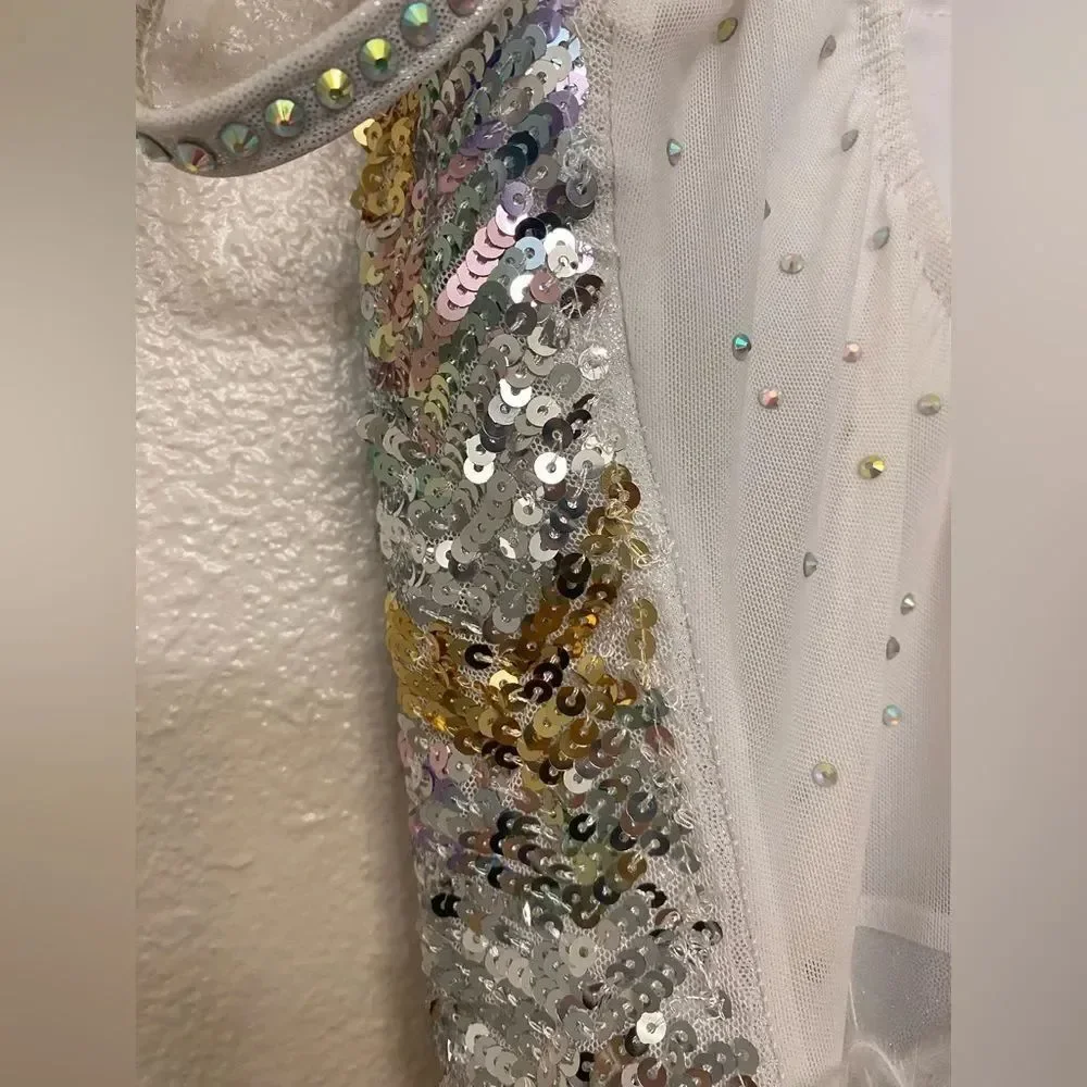 Glamour solo dance costume jazz sassy silver sequin rhinestoned feather SA adult